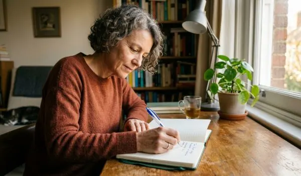 Femme de 55 ans qui commence à écrire dans un carnet, premier pas vers le changement