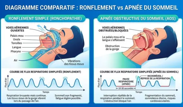 Schéma comparatif “ronflement vs apnée du sommeil”, avec pauses respiratoires visibles sur une courbe
simplifiée, ou illustration des voies aériennes ouvertes vs obstruées