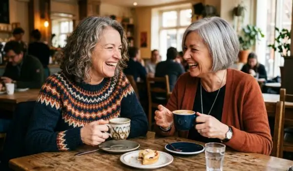 Deux femmes de 55 ans qui rient ensemble autour d'un café