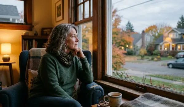 Femme de 55 ans seule chez elle, regard pensif vers la fenêtre