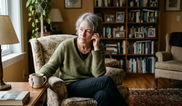 Femme de 60 ans fatiguée, air préoccupé, assise seule dans un salon