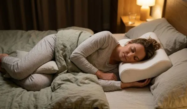 Photo d’une personne dormant sur le côté avec oreiller de soutien cervical
pour faciliter la respiration et réduire le ronflement