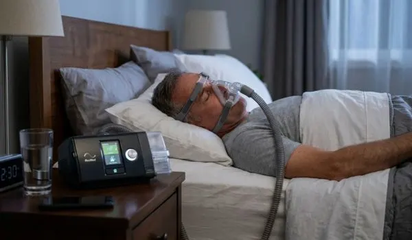Photo d’un appareil PPC sur table de nuit, une personne endormie avec
masque utilisé pour traiter l’apnée du sommeil