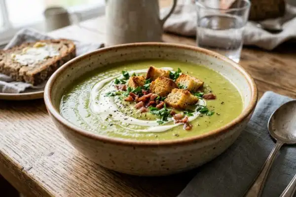 Velouté ou purée de pois cassés dans un beau bol, bien garni (croûtons, persil, crème), présentation soignée et
appétissante.