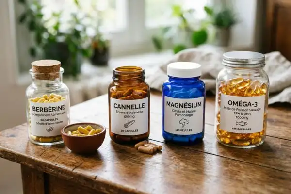 Pots et gélules de compléments naturels disposés sur une table en bois : berbérine,
cannelle, magnésium et oméga-3.