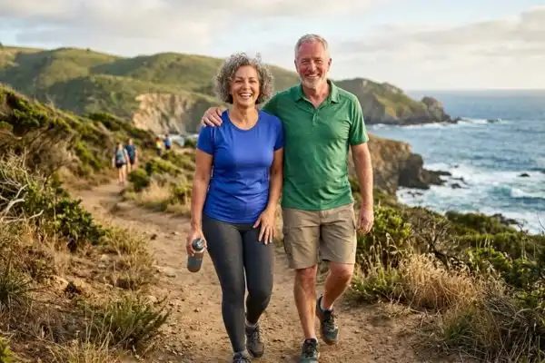 couple de 50 ans en bonne santé, souriante, active, silhouette épanouie, regard confiant, lumière naturelle