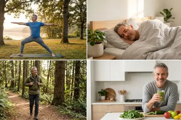 homme 50 ans yoga plein air matin, sommeil paisible, marche nature, mode de vie saine