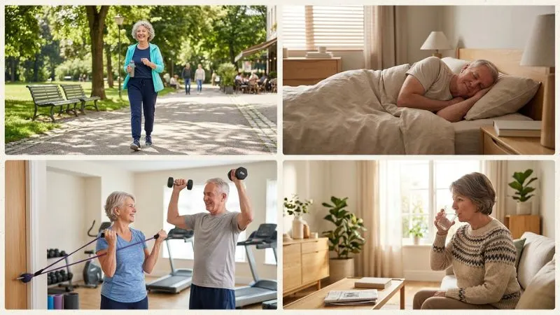 collage quatre scènes senior 55 ans actif : femme marchant après repas parc ensoleillé. homme dormant paisiblement chambre calme. couple faisant musculation légère élastiques. salon femme buvant verre d'eau matin.