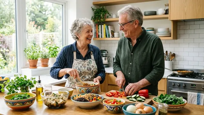 couple de seniors souriants debout dans une cuisine préparant ensemble un repas sain bloc de tofu mariné légumineuses dans des bols colorés sur le plan de travail tenues décontractées ambiance chaleureuse.