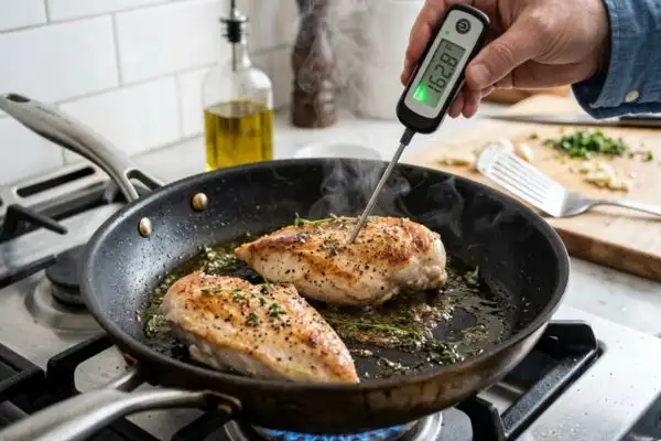 Blanc de poulet en train de cuire dans un poêle antiadhésif avec un filet d'huile d'olive,
vapeur légère visible, thermomètre à viande planté dedans.