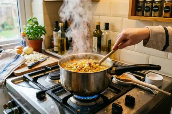 Casserole sur le feu avec des pois cassés en train de cuire, vapeur visible, ambiance cuisine maison et pratique.