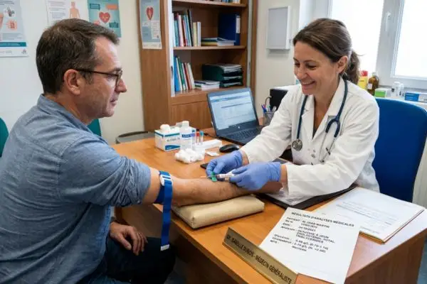 Personne assise face à un médecin, bras tendu pour une prise de sang, résultats
d'analyse visibles sur le bureau.