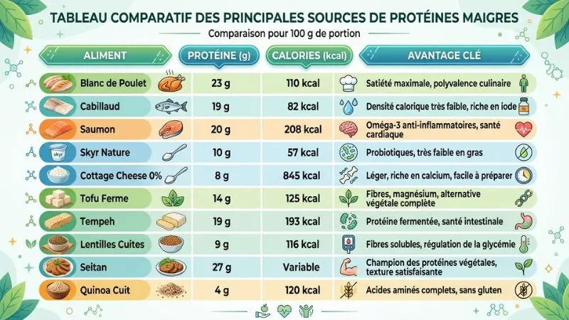 Tableau comparatif nutritionnel protéines maigres calories acides aminés sources animales végétales