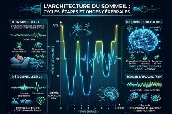 Infographie ou illustration scientifique des cycles du sommeil (courbe en U avec phases
N1, N2, N3, REM) sur fond sombre. Alternativement : cerveau humain avec ondes cérébrales
delta visualisées en bleu lumineux. Ambiance médicale et moderne.