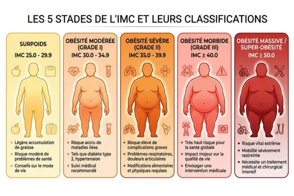 Infographie médicale montrant les 5 stades de l'IMC avec une silhouette humaine progressive, fond blanc, couleurs
douces et professionnelles :