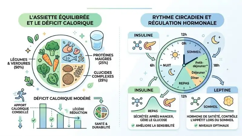 illustration moderne fond blanc épuré représentant une balance équilibrée entre une assiette saine colorée et une horloge circadienne
graphique simple calories déficit modéré icônes hormone insuline leptine