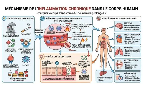 schéma médical simplifié inflammation chronique corps humain, organes intestin système immunitaire