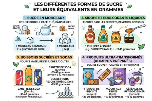 nfographie sur fond blanc montrant différentes formes de sucre — morceaux, sirop,
sodas, produits industriels — avec leurs équivalences en grammes, claire et lisible.