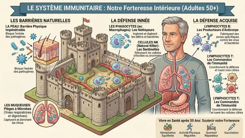 Schéma du système immunitaire humain comme forteresse de défense après 50 ans