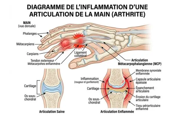 Illustration médicale ou schéma anatomique simple montrant une articulation enflammée (genou ou main) avec zones
rouges représentant l'inflammation.
