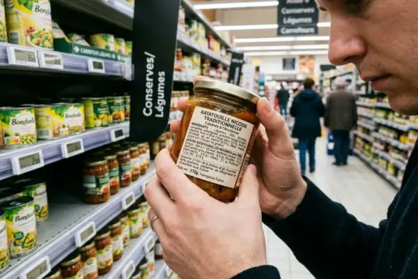 Mains d'une personne tenant un produit industriel en supermarché, regard concentré
sur la liste des ingrédients, étiquette nutritionnelle bien visible en gros plan.