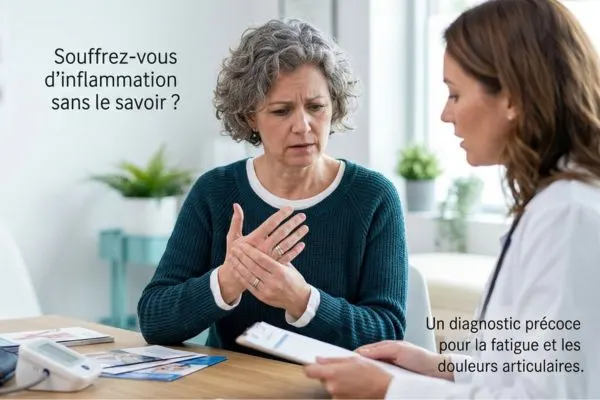 femme 50 ans fatiguée douleurs articulaires mains, regard préoccupé, consultation médicale