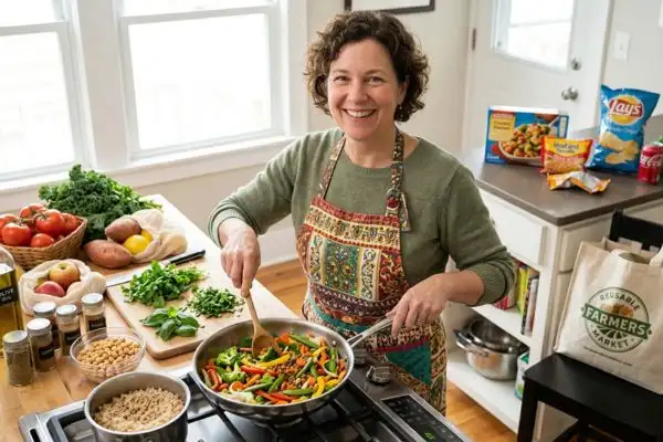 femme cuisine saine souriante, aliments vrais vs produits transformés, choix alimentaires intelligents