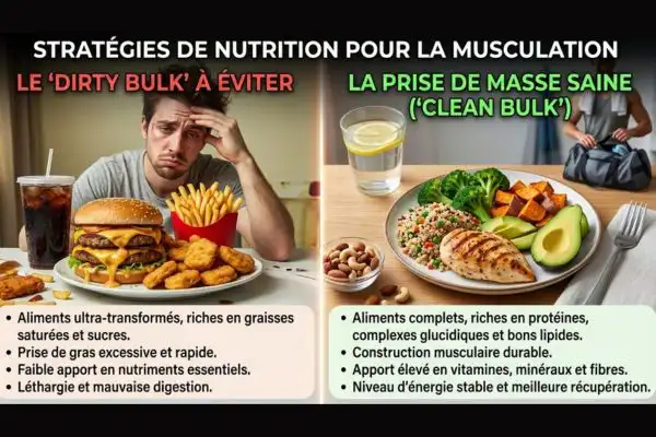 Contraste entre fast-food (hamburger, frites) et aliments sains. Ou personne stressée devant une assiette.
Illustre le "dirty bulk" à éviter.