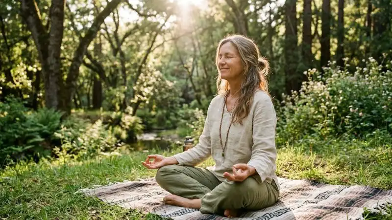 Femme de 50 ans zen nature soleil gestion stress système immunitaire