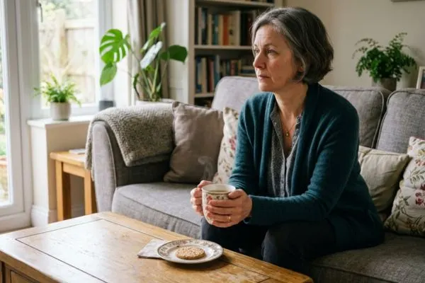 Femme de 50 ans assise dans un canapé, l'air pensif, tenant une tisane chaude dans
les mains, refusant un biscuit posé sur la table devant elle.