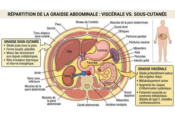 schéma médical coupe abdominale montrant la graisse viscérale autour des organes vs graisse sous-cutanée sous la peau"