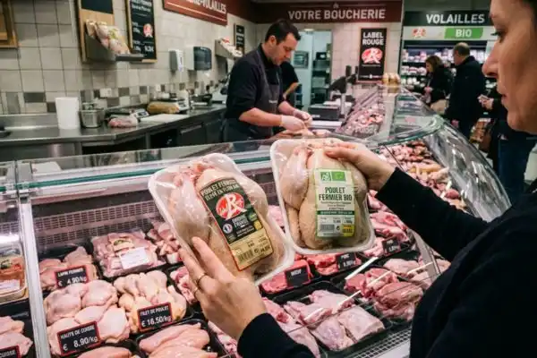 Boucherie d'un supermarché en rayonne avec des emballages de poulet Label Rouge
et Bio bien visibles, mains d'une personne en train de comparer les étiquettes.