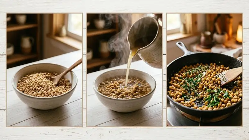 séquence de trois étapes sur fond blanc épuré première étape bol avec PVT sèche granulés beiges deuxième étape bouillon chaud versé
dessus vapeur visible troisième étape poêle avec PVT réhydratée dorée revenues à l'huile d'olive avec herbes aromatiques.