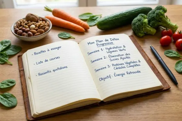 Carnet de suivi ouvert sur une table avec un stylo, des légumes frais et des oléagineux
autour, symbolisant la planification d'une détox progressive et organisée.