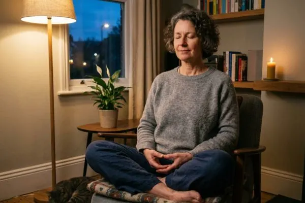 Personne d'une cinquantaine d'années pratiquant la cohérence cardiaque ou la méditation dans un espace calme en soirée.