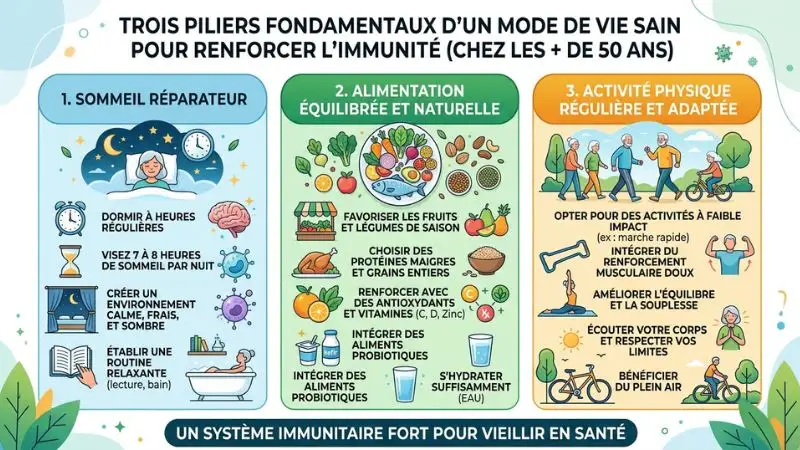 Infographie illustrant les 3 piliers hygiène de vie sommeil alimentation activité physique immunité après 50 ans