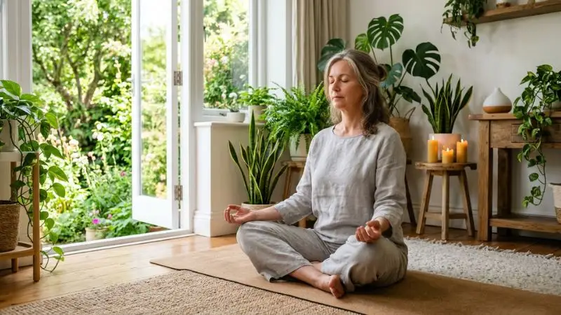 femme 50 ans assise en tailleur sur un tapis de yoga matinal salon lumineux fenêtre ouverte sur jardin vert mains posées sur les genoux
yeux fermés expression sereine et concentrée bougies allumées plantes vertes en arrière-plan