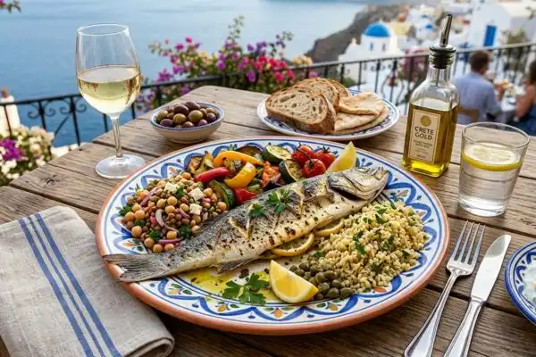 assiette méditerranéenne colorée avec légumes, poisson, huile d'olive, légumineuses, sur une table bien garnié