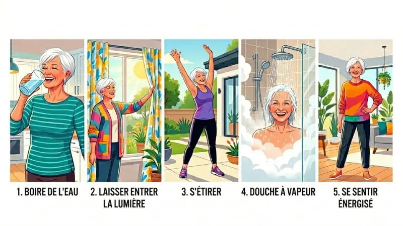 collage ou split en 5 cases femme senior souriante : 1- buvant un grand verre d'eau 2- ouvrant les rideaux lumière naturelle
3- s'étirant bras levés 4- sous douche vapeur 5- debout énergique et souriante fond blanc épuré style illustration