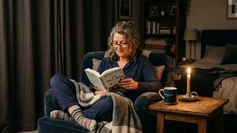 femme 50 ans en pyjama confortable assise dans un fauteuil chambre tamisée lumière chaude bougie allumée tisane fumante posée
sur une table basse livre ouvert sur les genoux pas d'écran atmosphère calme et apaisante