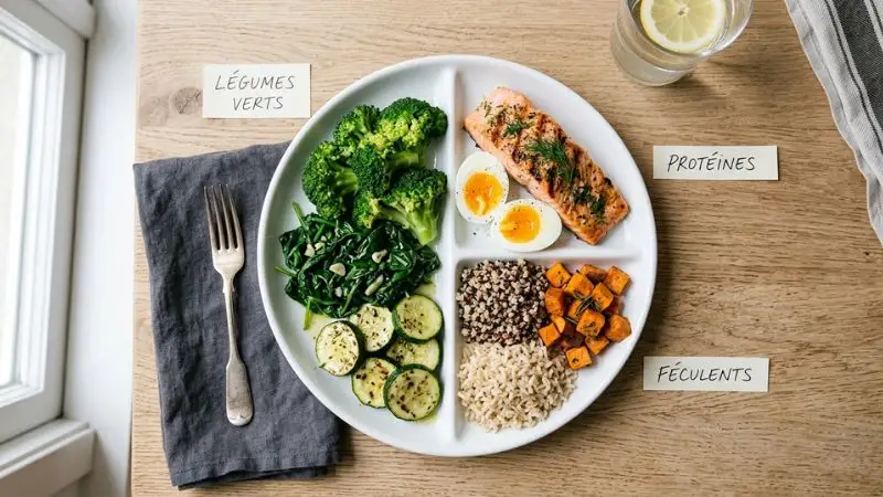 flatlay vue dessus fond bois clair assiette blanche divisée en trois zones moitié légumes verts brocoli épinards courgette quart protéines
saumon grillé œufs quart féculents quinoa patate douce riz complet disposition soignée