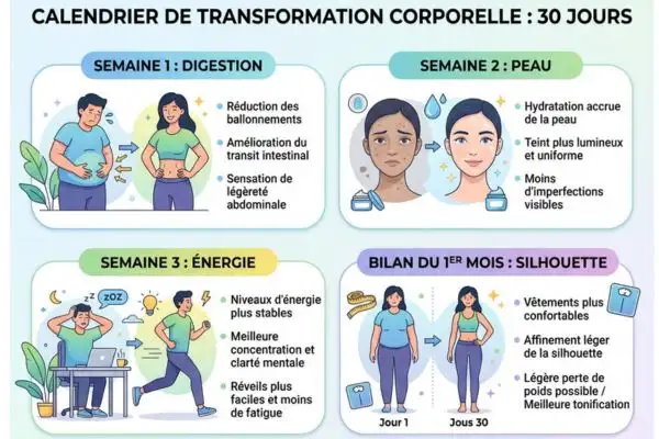 Calendrier ou frise chronologique illustrée montrant les transformations du corps sur
30 jours : semaine 1 digestion, semaine 2 peau, semaine 3 énergie, mois 1 silhouette.