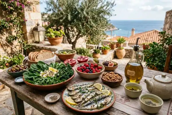Table généreuse et colorée : poisson gras (sardines ou maquereau), légumes verts feuillus, baies rouges,
noix de Grenoble, huile d'olive en carafe, thé vert. Lumière naturelle, ambiance méditerranéenne chaleureuse.
Tons verts, rouges, dorés. Aucun aliment ultra-transformé visible.