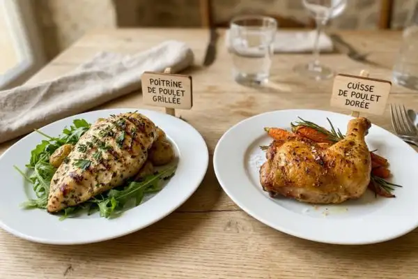 Deux assiettes côte à côte : à gauche un blanc de poulet grillé, à droite une cuisse de
poulet dorée, fond neutre pour bien distinguer les deux morceaux.