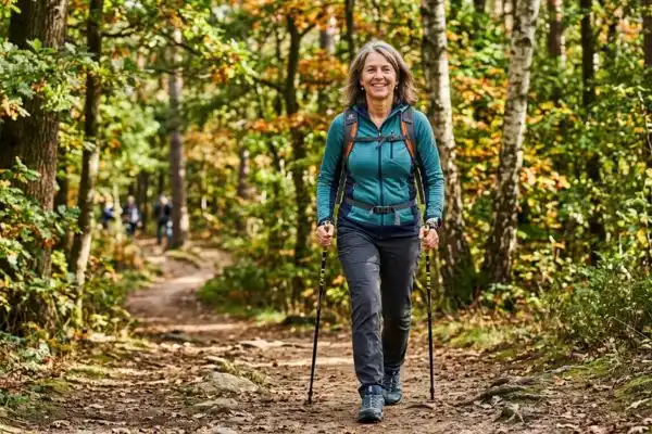 femme de 50 ans marchant en pleine nature avec bâtons de marche nordique, sourire, tenue de sport