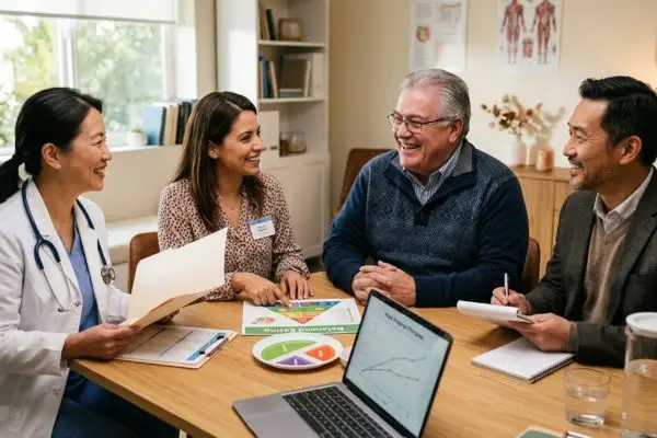 Équipe médicale pluridisciplinaire souriante — médecin, diététicien, psychologue — autour d'un patient en surpoid de plus
de 50 ans, ambiance bienveillante