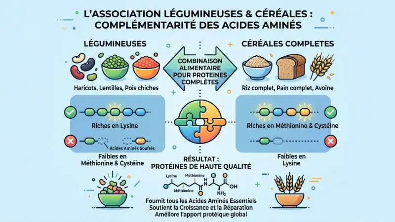 illustration deux colonnes comparatives à gauche légumineuses haricots lentilles. à droite céréales riz pain
complet reliées par une flèche centrale montrant la complémentarité des acides aminés essentiels.