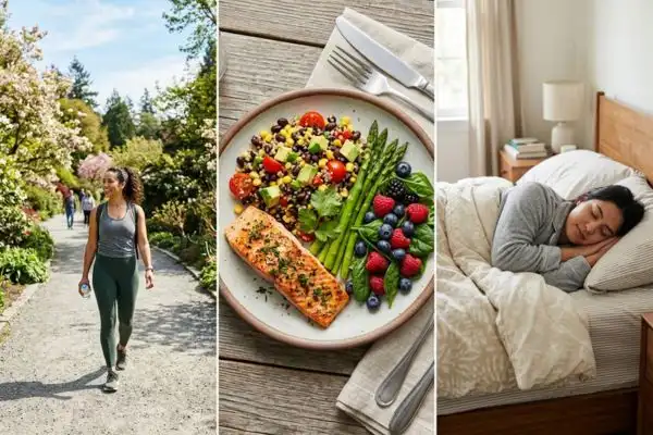 Assiette colorée équilibrée au centre, femme qui marche en plein air à gauche,
personne endormie paisiblement à droite.