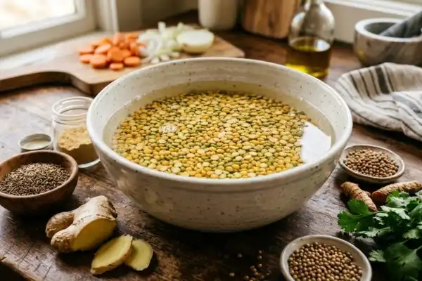 Pois cassés en train de tremper dans un grand bol d'eau froide. Idéalement avec des épices (cumin, gingembre)
autour pour illustrer les astuces digestives.