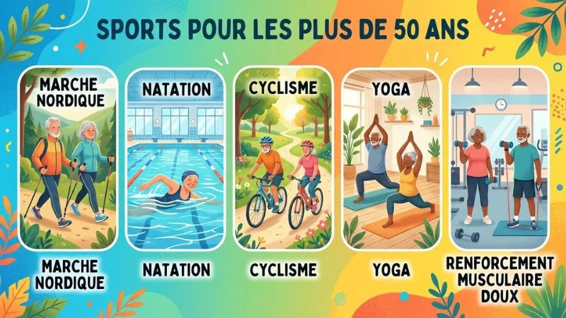 illustration cinq sports pour les plus de 50 ans marche nordique natation vélo yoga
musculation douce fond coloré